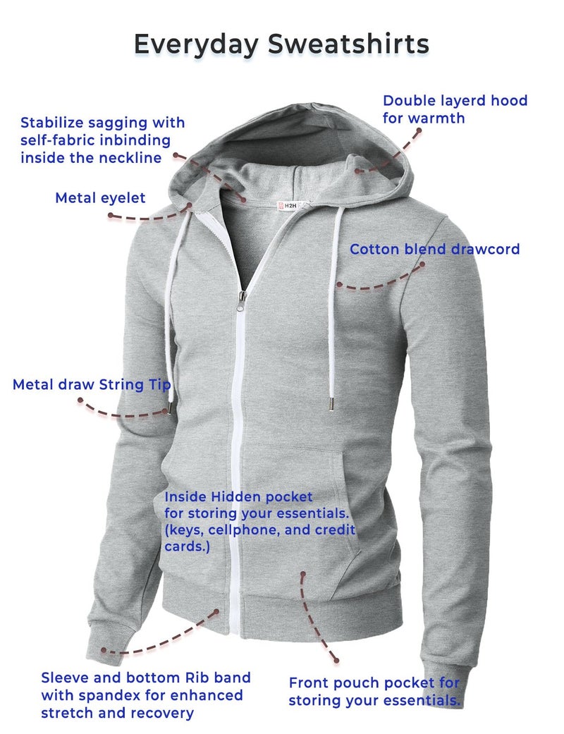 H2H Mens Slim Fit Hoodie with White Zipper and Drawstring BLACK US XL/Asia 2XL (CMOHOL048) - Image 5